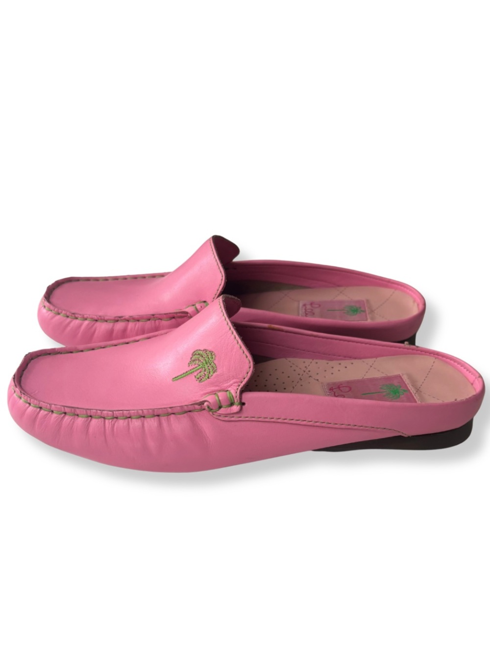 Lilly Pulitzer Pink Leather Driving Loafers Moccasins Palm Tree 8M